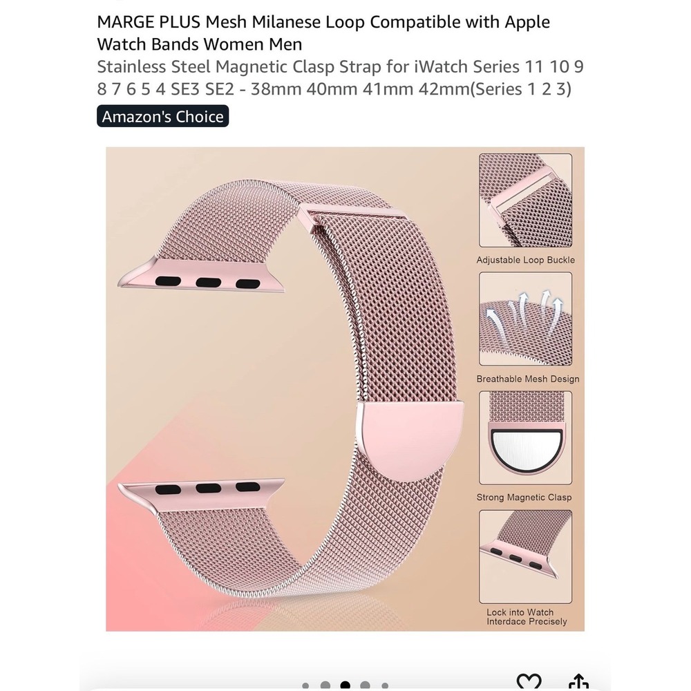 MARGE PLUS Milanese Loop Apple Watch Band 38 40 41 42mm Rose Gold Stainless Mesh